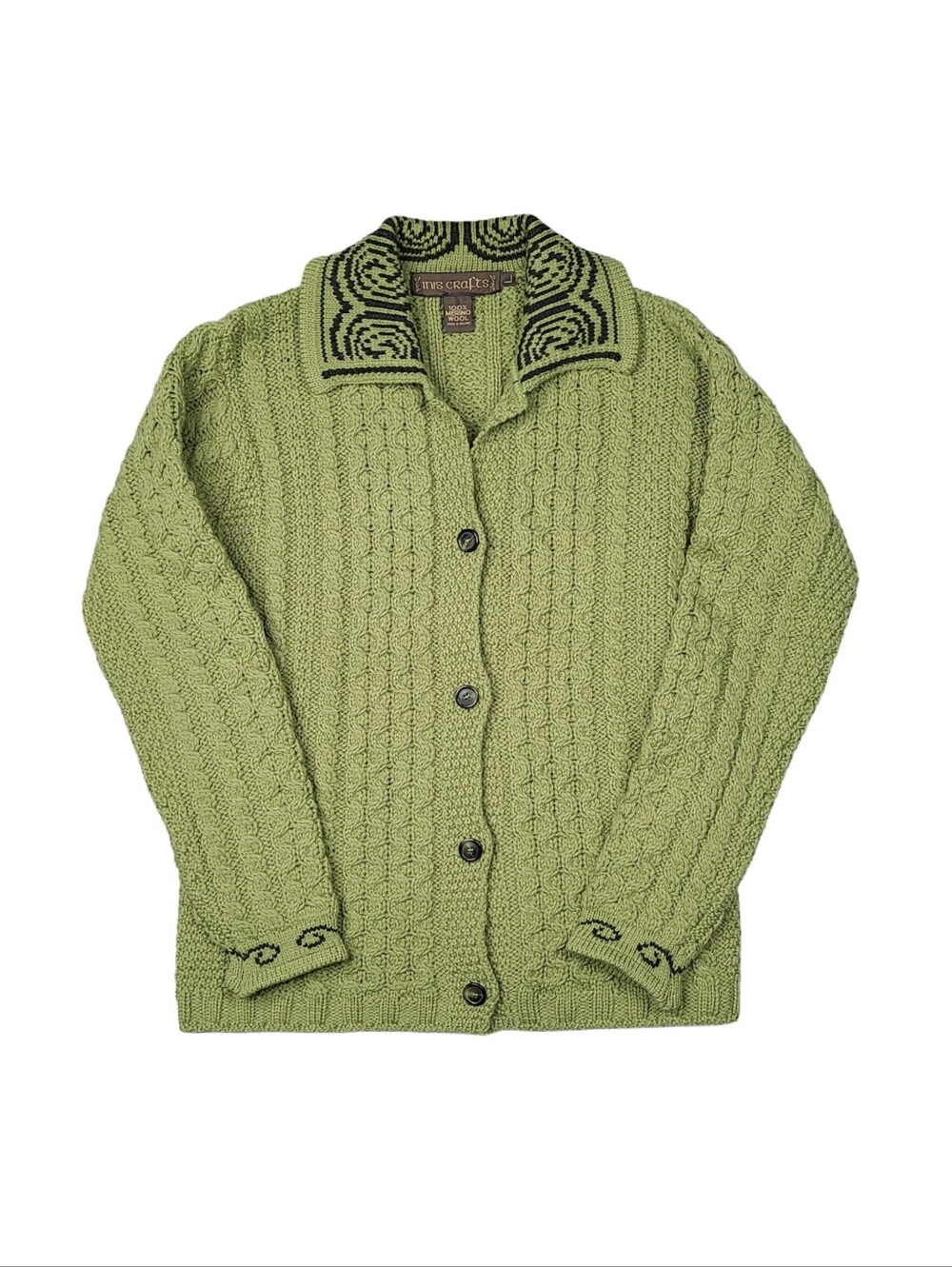 Inis Crafts 100% Merino Wool Irish Aran Cable Knit Cardigan Sweater Womens L